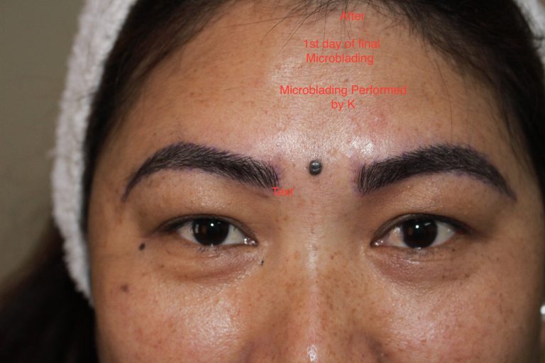 Client with freshly shaped threaded eyebrows at K's iBrows & Lashes Studio, Aubrey TX