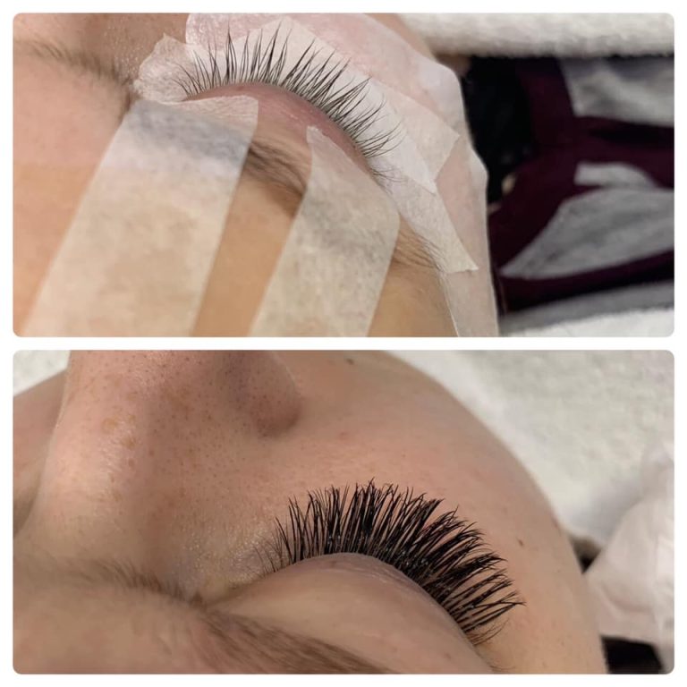 Before and after lash lift and eyelash extensions at K's iBrows & Lashes Studio, Aubrey TX